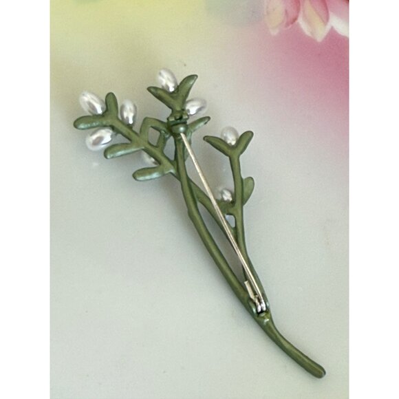 Vintage 60's Green Enamel Faux Pearl Spray Brooch Pin - Picture 9 of 9